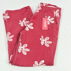 ROMWE Red Jeans Flowers Print High Waist Wide Leg Size L US 8/10 NWT Hippie Fun
